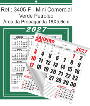 Calendário Mini Comercial de Parede com Furo Ref.: 3405-F Base Duplex 250g | Bloco 12 Meses Papel 56g 18x26 Verde Petróleo   