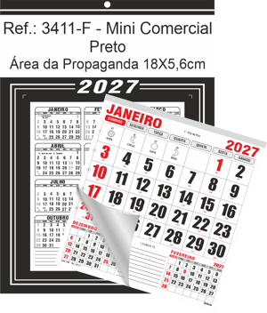 Calendário Mini Comercial de Parede com Furo Ref.: 3411-F Base Duplex 250g | Bloco 12 Meses Papel 56g 18x26 Preto   
