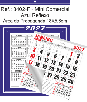 Calendário Mini Comercial de Parede com Furo Ref.: 3402-F Base Duplex 250g | Bloco 12 Meses Papel 56g 18x26 Azul Reflexo   