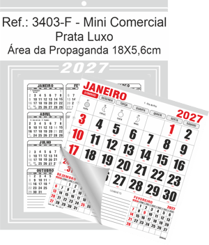 Calendário Mini Comercial de Parede com Furo Ref.: 3403-F Base Duplex 250g | Bloco 12 Meses Papel 56g 18x26 Prata Luxo   