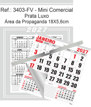 Calendário Mini Comercial de Parede com ou sem Vareta Ref.: 3403-FV Base Duplex 250g | Bloco 12 Meses Papel 56g 18x26 Prata Luxo   
