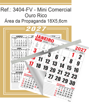 Calendário Mini Comercial de Parede com ou sem Vareta Ref.: 3404-FV Base Duplex 250g | Bloco 12 Meses Papel 56g 18x26 Ouro Rico   