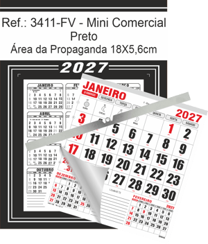 Calendário Mini Comercial de Parede com ou sem Vareta Ref.: 3411-FV Base Duplex 250g | Bloco 12 Meses Papel 56g 18x26 Preto   