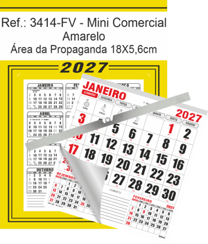 Calendário Mini Comercial de Parede com ou sem Vareta Ref.: 3414-FV Base Duplex 250g | Bloco 12 Meses Papel 56g 18x26 Amarelo   