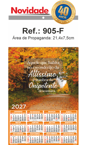 Folhinha de Parede Ref.: 905-F Base Papel Couchê 115g | Cartela Duplex 250g 21,4x39cm 1 Cromo   