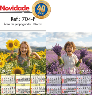 Folhinha de Parede Ref.: 704-F Base Papel Couchê 115g | Cartela Alta Alvura 180g 18x33 2 Cromos   