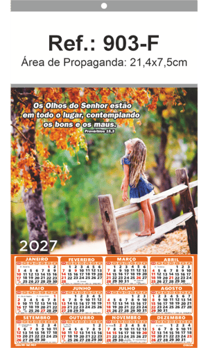 Folhinha de Parede Ref.: 903-F Base Papel Couchê 115g | Cartela Duplex 250g 21,4x39cm 1 Cromo   