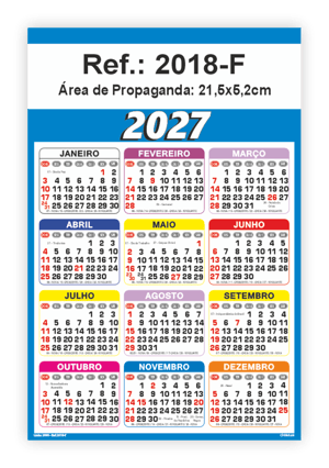 Folhinha de Parede Ref.: 2018-F Base Papel Alta Alvura 180g 21,5x32cm 1 Cromo   