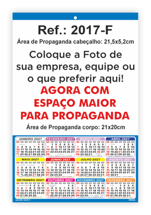 Folhinha de Parede Ref.: 2017-F Base Papel Alta Alvura 180g 21,5x32cm 1 Cromo   