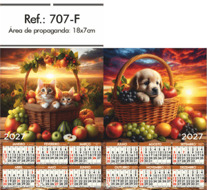 Folhinha de Parede Ref.: 707-F Base Papel Couchê 115g | Cartela Alta Alvura 180g 18x33 2 Cromos   
