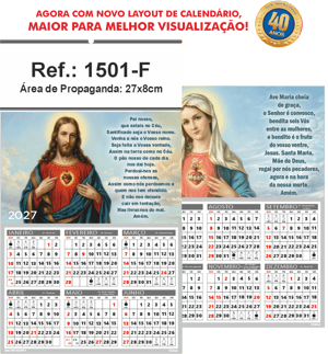 Folhinha de Parede Ref.: 1501-F Base Papel Couchê 115g | Cartela Duplex 250g 27x47cm 2 Cromos   