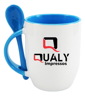 CANECA COM COLHER 325ML CERÂMICA CÔNICA IMPRESSÃO 4x0 BRILHO PERSONALIZADA ENVIAR SUAS INFORMAÇÕES PELO WHATSAPP OU ÁREA DO CLIENTE