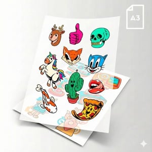 Adesivo DTF UV - Cartela A3 - 30x42cm Adesivo DTF Personalizado 5x0 - Colorido Frente com tinta branca Verniz UV  Entregue Cartelas A3 - 29,7x42cm