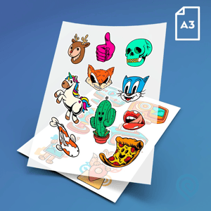 CARTELA A3 - DTF UV Material em Vinil Cartela A3 - 29 x 42 cm Impressão Colorida Verniz para auto relevo  Personalizado com a sua arte e/ou logotipo