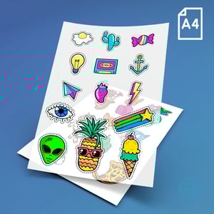 CARTELA A4 - DTF UV Material em Vinil Cartela A4 - 21 x 29 cm Impressão Colorida Verniz para auto relevo  Personalizado com a sua arte e/ou logotipo