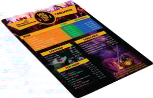 Cardápio no PS - A4 21X29,7cm PS 2mm  4x0 cores | CMYK Placa adesivada e laminada Cantos arrendondados Fácil de limpar , não quebra e não amassa