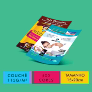 Folhetos em Couchê 150gr - 15x20cm - 4x0 cor Couchê 150gr 15X20cm 4x0 Sem revestimento Corte reto Impresso frente com verso em branco