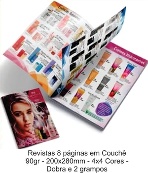 Revistas 8 páginas 200X280mm Couchê 90gr 200x280mm 4x4 sem revestimento Dobra e 2 grampos 