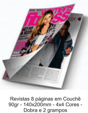 Revistas 8 páginas 140x200mm Couchê 90gr 140x200mm 4x4 sem revestimento Dobra e 2 grampos 
