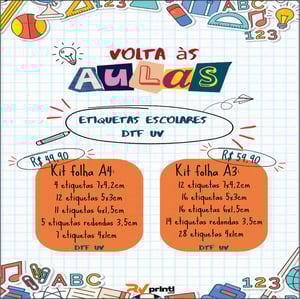 Etiqueta Escolar DTF UV Kit 1 DTF UV Folha Colorido  Recortada 