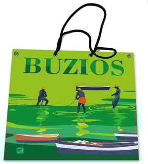 Bolsa  - Design Exclusivo - Pescadores e Canoas - Búzios Lona de PVC, Bolsa de Lona Plástica SANET 45x50 cm. Impressão UV a 4/0 cores.  Corte reto. Bolsa artesanal sem costura, sem cola e com alça/cordão 100% algodão.