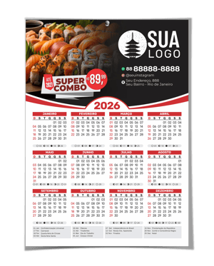 Calendário de Parede Papel Cartão 300gr/m² (A4) 210X297mm 4/0 (Somente frente)  Corte Reto 