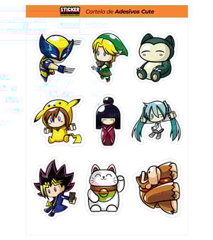 Cartela Cute Vinil 21 x 15 cm 4x0 Laminado Brilho Meio corte 