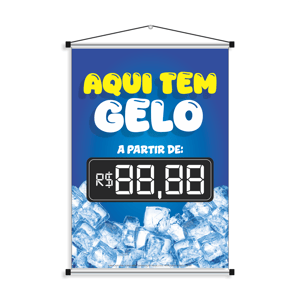 Banner aqui tem gelo Lona 280g 40cm x 60cm 4x0 Impressão digital Bastão e cordão 