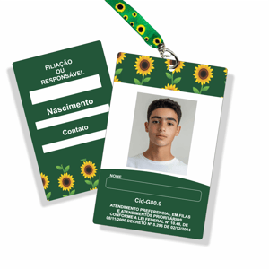 Crachá girasol com cordão Cartão de pvc 0,75mm, cordão cetim colorido 5,5x8,6cm 4x4 Impressão a laser Cantos arredondados 