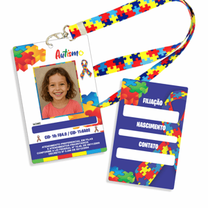 Crachá Autismo com cordão Cartão de pvc 0,75mm, cordão cetim colorido 5,5x8,6cm 4x4 Impressão a laser Cantos arredondados 