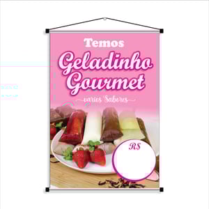 Banner temos geladinho gourmet Lona 280g 40cm x 60cm 4x0 Impressão digital Bastão e cordão 