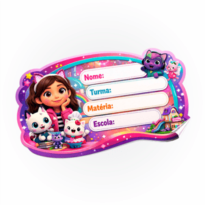 Etiquetas escolar tema Gabby Vinil adesivo fosco 0,08 120g 5x3cm Colorido 4x0 impressão digital Corte computadorizado 