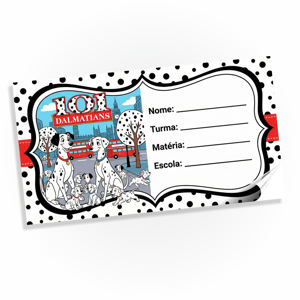Etiquetas escolar tema 101 dálmatas Vinil adesivo fosco 0,08 120g 5x3cm Colorido 4x0 impressão digital Corte computadorizado 