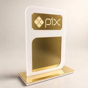 Display pix gold Acrílico 3mm 10x15cm Branco e Dourado espelhado   Vinil adesivo 6,5x6,5cm