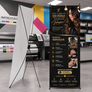 Banner X com Base Lona 440g 60 x 160 4x0  Madeira e ilhós nas 4 pontas 