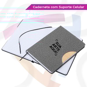 Caderno A5 com Suporte para Celular rPet    Capa Flexível para suporte do celular. 