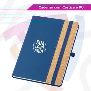 Caderno com detalhe em Cortiça e PU Cortiça e Couro Sintético    Elástico 