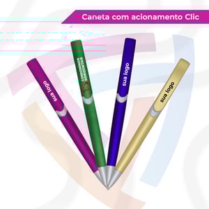 Caneta Plástica com Acionamento Clique Plástico 14,1cm x 1,5cm   Metálico 