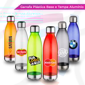 Garrafa Plástica com Base e Tampa em Alumínio Plástico 25 cm x 7,1 cm   Tampa e Base em Alumínio 