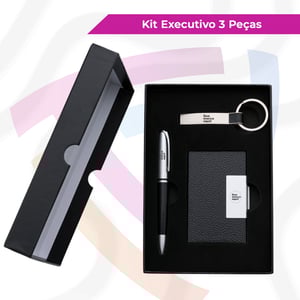 Kit Executivo 3 Peças Metal com Detalhe Emborrachado 14,1 cm x 20,1 cm    Kit executivo 3 peças em estojo de papelão com tampa e parte interna revestida de espuma