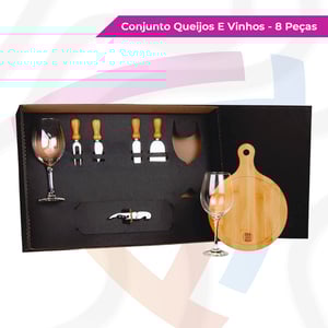 Conjunto Queijos e Vinho com Saca Rolha Vidro, Bambu e Inox     