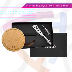 Conjunto de Queijo e Vinho com tábua Madeira, Aço Inox e Aço Escovado     Faca e Abridor