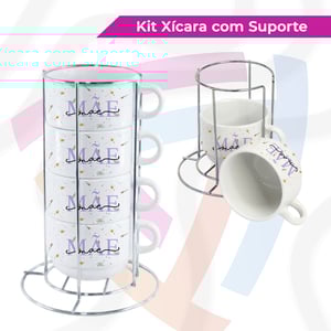 Kit de Xícaras com Suporte Porcelana     Kit com 2 ou 4 Unidades | Incluso Suporte de Aço