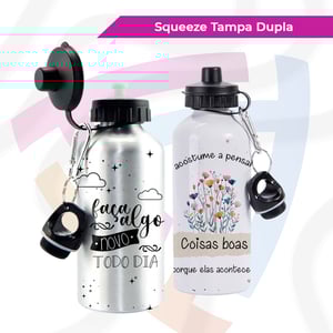 Squeeze Tampa Dupla Personalizada Alumínio    Acompanha Tampa Mosquetão e Bico Dosador de Plástico Criação de Arte | Capacidade de 600ml