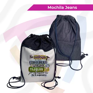 Mochila Jeans Personalizada Jeans 44x34cm 4/0 - Personalização Somente Frente  Acabamento com Cordão e Zíper Criação de Arte