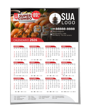Calendário de Parede 2026 (31X46CM) Personalizado