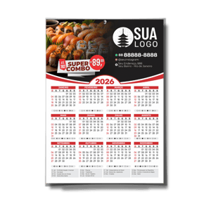 Calendário de Parede 2026 Personalizado Couchê 300g A4 20X30CM   Furo 4mm na parte superior.