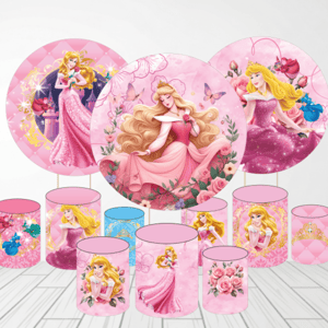 KIT CAPA PAINEL REDONDO E CILÍNDROS PRINCESA BELA ADORMECIDA AURORA | TECIDO PREMIUM  | VÁRIOS MODELOS. Tecido: Helanca     