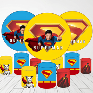 KIT CAPA PAINEL REDONDO E CILÍNDROS SUPERMAN KRIPTO SUPER HOMEM | TECIDO PREMIUM  | VÁRIOS MODELOS. Tecido: Helanca     