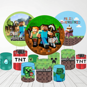 KIT CAPA PAINEL REDONDO E CILÍNDROS MINECRAFT | TECIDO PREMIUM  | VÁRIOS MODELOS. Tecido: Helanca     